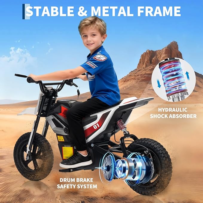 24V Electric Dirt Bike for Kids, 350w Electric Motorcycle for Kids - Up to 13.67Mile/h Long-Range, Ride on Motorcycle with Rear Wheel Suspension, 12 Miles Range, Twist Grip Throttle, Rubber Tire