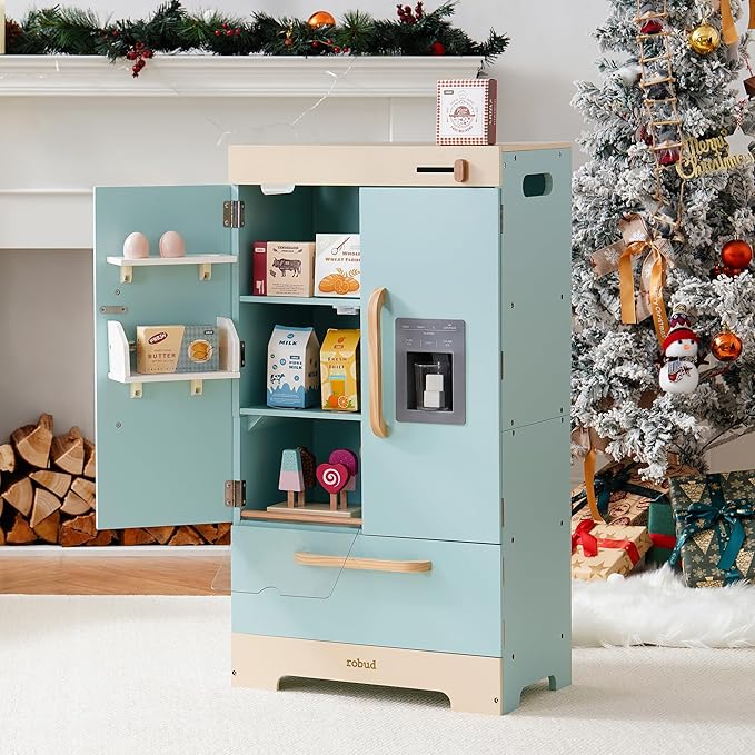 ROBUD Fridge Refrigerator with Ice Dispenser, Wooden Play Fridge Freezer Set for Kids, Toddler Kitchen Playset with Full Accessories Pretend Play Set, Gift for Boys & Girls, Age 3+
