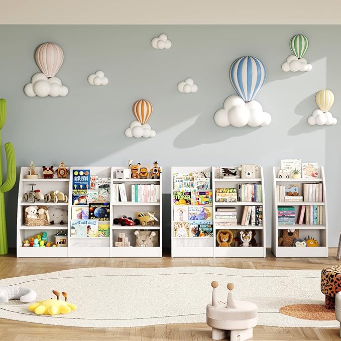 4 Tier Kids Bookshelf, 4 Layer Sling Kids Book Shelf for Kids Rooms,Wood Children Bookcase,Baby Storage Book Rack,Toddler Bookshelf, Book and Toy Organizer,Book Display Shelf for Bedroom, Nursery