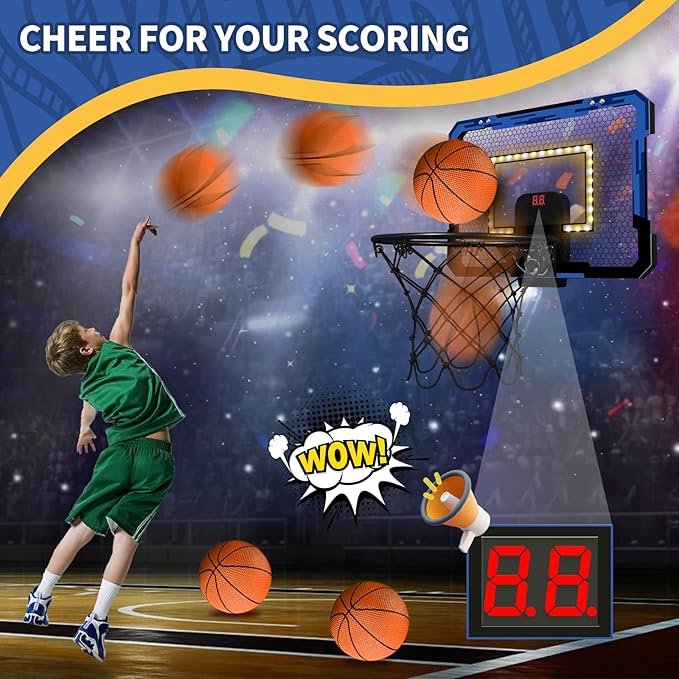 QDRAGON Mini Basketball Hoop with Scoreboard/LED Light, Glow in The Dark Over The Door Basketball Hoop Indoor, Toy Gifts for Kids/Adults/Boys/Girls