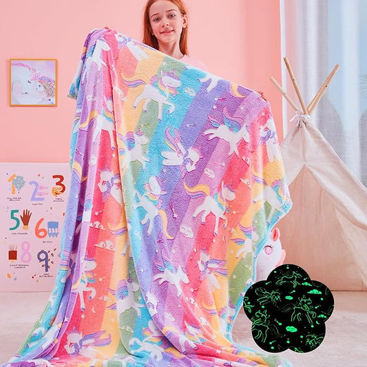 QSTEHEML Unicorns Glow in The Dark Blanket for Girls,Unicorn Gifts for Girls Age 3 4 5 6 7 8 9 10 11 12 Year Old, Soft Unicorns Rainbow Blanket - Christmas Birthday Bedroom Decor 50"×60"