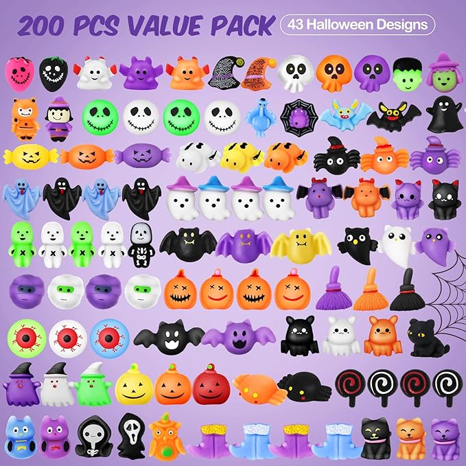 OCHIDO 200 PCS Squishy Toys, Halloween Party Favors Bulk for Kids, Halloween Mochi Squishy Toys, Halloween Toys for Trick or Treat, School Classroom Rewards Prizes