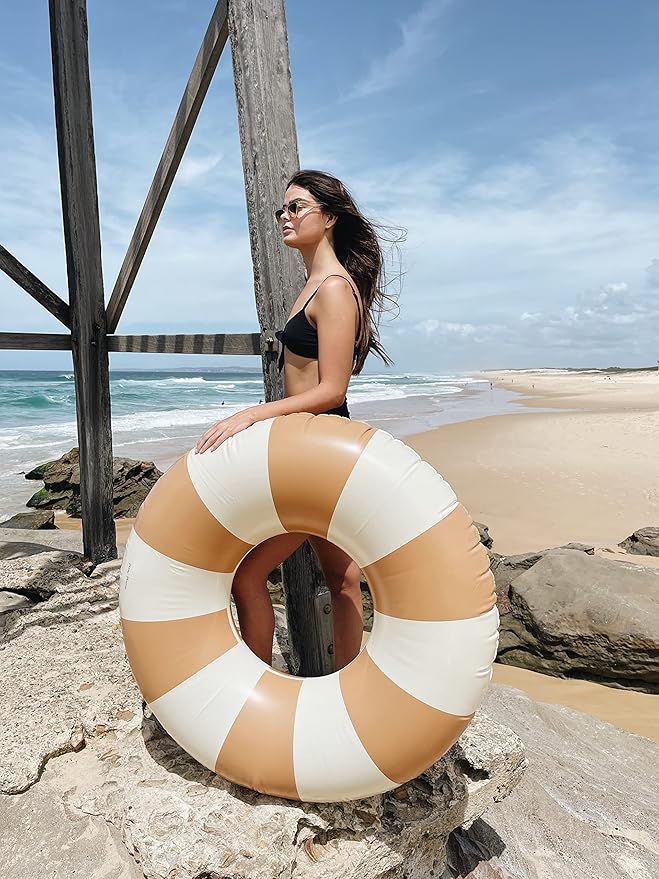 Petites-Pommes Donut Floaties for Adults - Durable Inner Tube, Handprinted Classic Striped Design Swimming Tube, Soft Comfort Seaming, Packable Floats for Travel, Light Brown, 47 inch