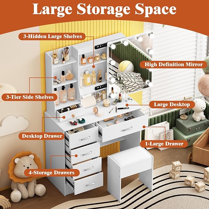 Vanity Desk with Sliding Mirror and Lights, White Vanity Set with Lighted Mirror and Stool, 3-Color Adjustable Brightness Lights, USB Port, Drawers, Makeup Vanity for Bedroom, Girls & Women Gifts