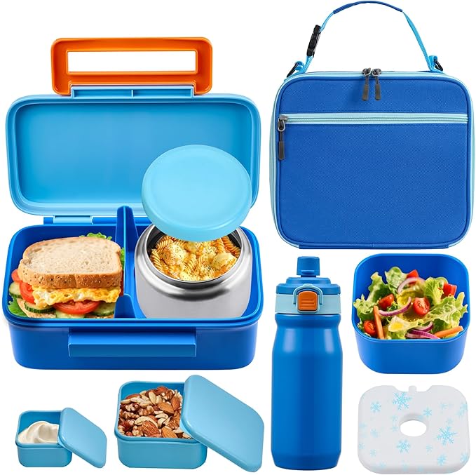 PIQUEBAR Kids Lunch Bento Box with 8oz Thermo Ice Pack Food Container with Insulated Lunch Bag, Insulated Water Bottle with Straw for Girls Boys, (A-Blue)