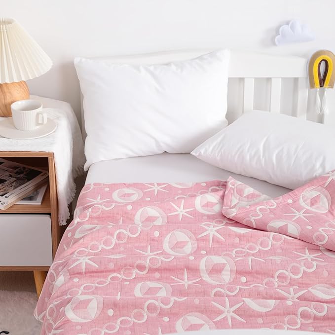 NTBAY 3 Layer Toddler Blanket, Muslin Cotton Jacquard Bed Blankets, Lightweight Thermal Baby Blanket, Super Soft and Warm Crib Blanket for All Seasons, Decoration Gift, 30"x40", Pink Starfish