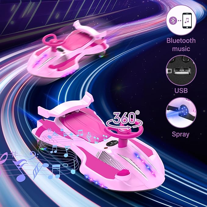12V Electric Wiggle Car with Pedal for Kids, Rechargeable 2 in 1 Swing Car, Drifting Ride On Toys with Backrest, Anti-Rollover, Spray, Flashing Light, Music, for Ages 3 and Up, 150 Lbs (Pink)