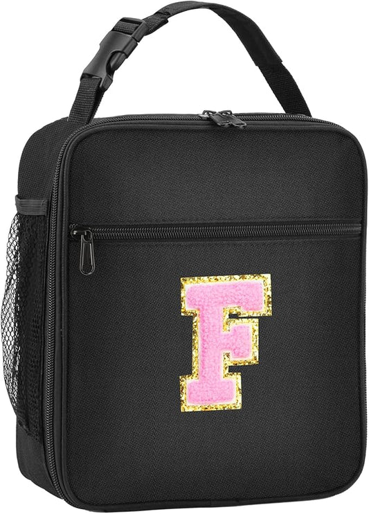 Initial Insulated Lunch Bag, Lunch Box with Initial Letter Patch for Teen Adult, Reusable Lunch Bag for Men Women, Ideal Back to School Gift Birthday Gift, Pink F