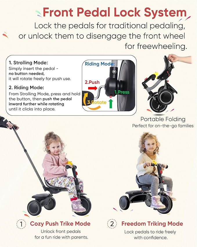 Tricycle for Toddlers 18 Months to 5 Years with Removable Push Handle, Tricycles for 3-5 Year Olds Ideal for On-The-Go Families, Adjustable Carry-Friendly Seat, Grey