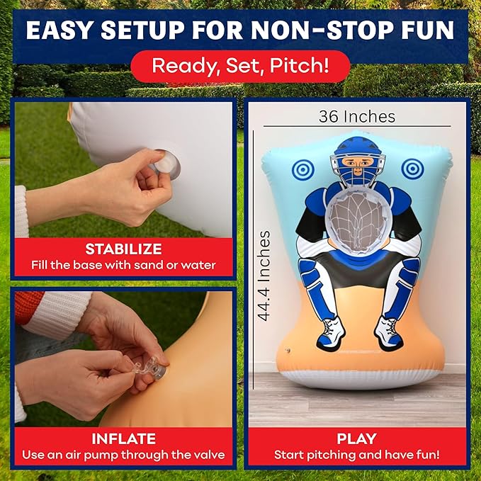 Inflatable Baseball Pitching Target for Kids, Double-Sided Outdoor & Indoor Baseball Training Toss Game, Includes 4 Balls, Air Pump, & Patch Kit