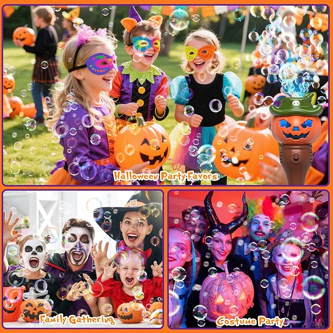 Halloween Pumpkin Bubble Wand for Kids - 2 Pack Automatic Bubble Machine Blower Toys for Toddlers 3-8 with LED Lights, Music Function, DIY Stickers,10 Refill Solutions, Halloween Party Favors Gifts