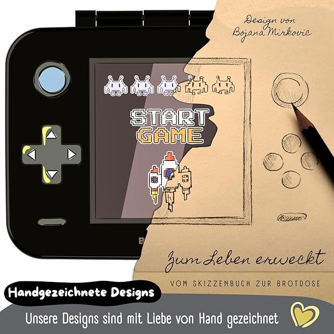 BEARFOOT Kids Lunch Box with Compartments – Compact & Lightweight | Leak-Proof, BPA-Free, Dishwasher & Microwave Safe | Hand-Drawn Design for Preschool, School, Travel (Game Black, 2.75 Cups)