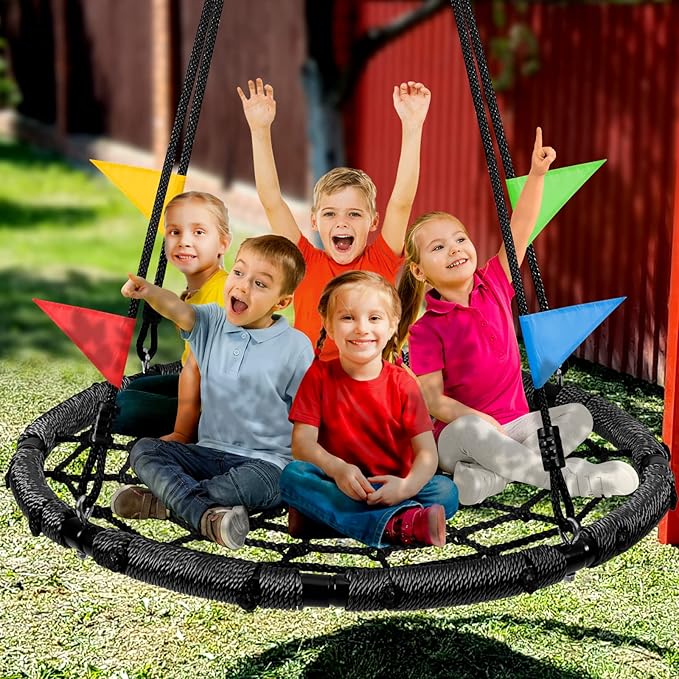 Odoland Spider Web Tree Swing for Kids and Adult, Outdoor Saucer Net Round Swing with Steel Frame and 2 Hanging Straps and Turnbuckle - 43in Large Platform for Backyard Park Travel