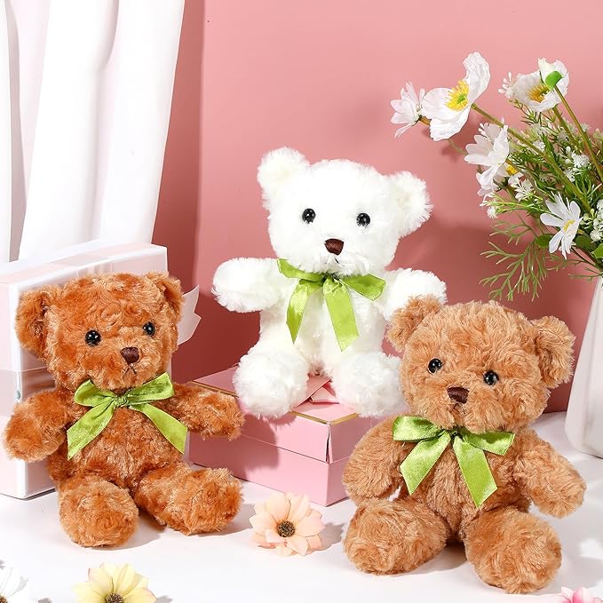 Hungdao 24 Pcs Bear Bulk Plush Stuffed Animals 10 Inch Cute Soft Stuffed Bear with Green Bow for Baby Shower Birthday Party Gift (Dark Brown, Light Brown, White)