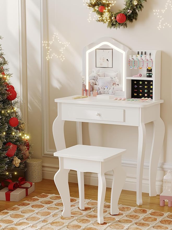 Garvee Kids Vanity with Lighted Mirror, Little Girl Vanity and Stool, Toddler Makeup Table Set and Makeup Playset for 3-8 Girls, White