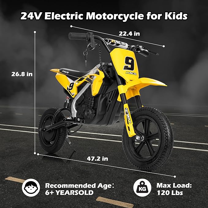 24V Electric Dirt Bike for Kids 6-12- Max 11 MPH & 10 Miles Long-Range, 250W Electric Motorcycle with Twist-Grip Throttle, 12" Knobby Tires, Spring Suspension, Music (Yellow)