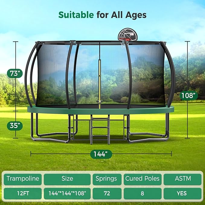 Tatub Large Trampolines Outdoor 10 12 14 15 16FT for Kids and Adults,Outdoor Recreational Pumpkin Trampolines with Curved Poles and Safety Enclosure Net, Basketball Hoop, Ladder