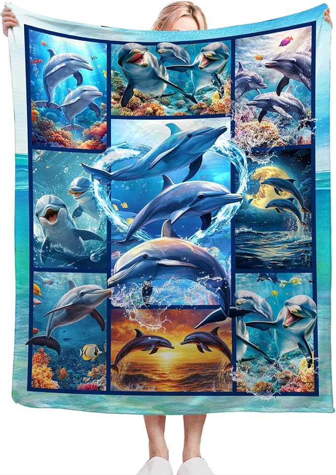 Dolphin Blanket Ultra Soft Cozy Dolphin Throw Blanket Fleece Fuzzy Plush Bedding Marine Life Lovers Gifts for Women Girls Kids Adults Couch Sofa 80"x60"