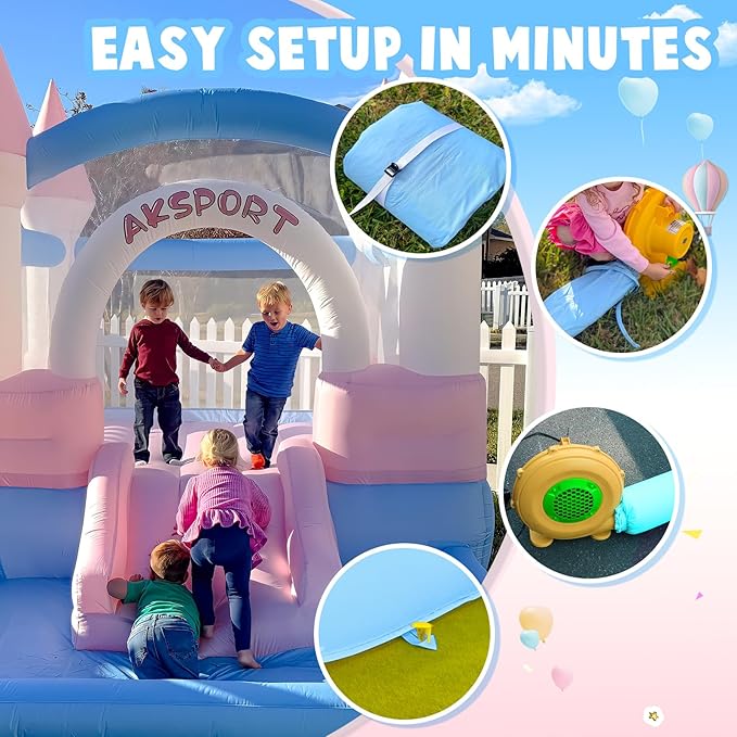 AKSPORT Inflatable Bounce House for Kids，Macaron Bouncy Castle with Air Blower & Slide & Large Ball Pool for Birthday Party, Wedding, Gift, Indoor & Outdoor，11.8FT*8.2FT*8.5FT