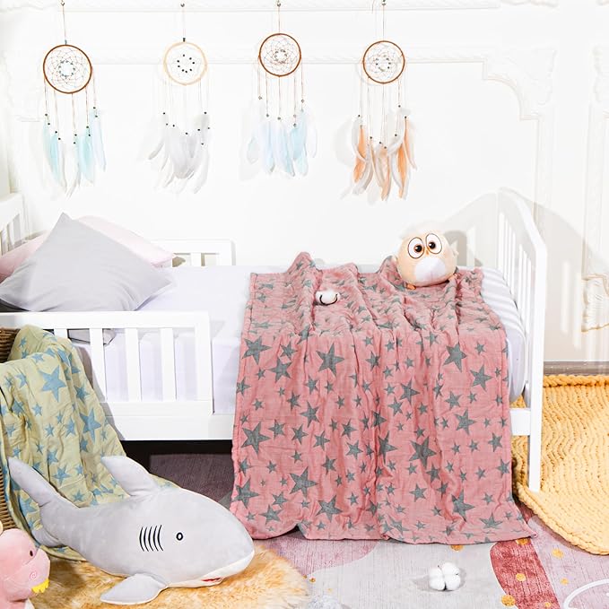 NTBAY 3 Layer Toddler Blanket, Muslin Cotton Jacquard Bed Blankets, Lightweight Thermal Baby Blanket, Super Soft and Warm Crib Blanket for All Seasons, Decoration Gift, 45"x60", Red and Black Star