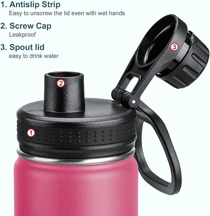 koodee Small 12oz Stainless Steel Vacuum Insulated Wide Mouth Water Bottle with Leakproof Spout Lid (Pink Red)