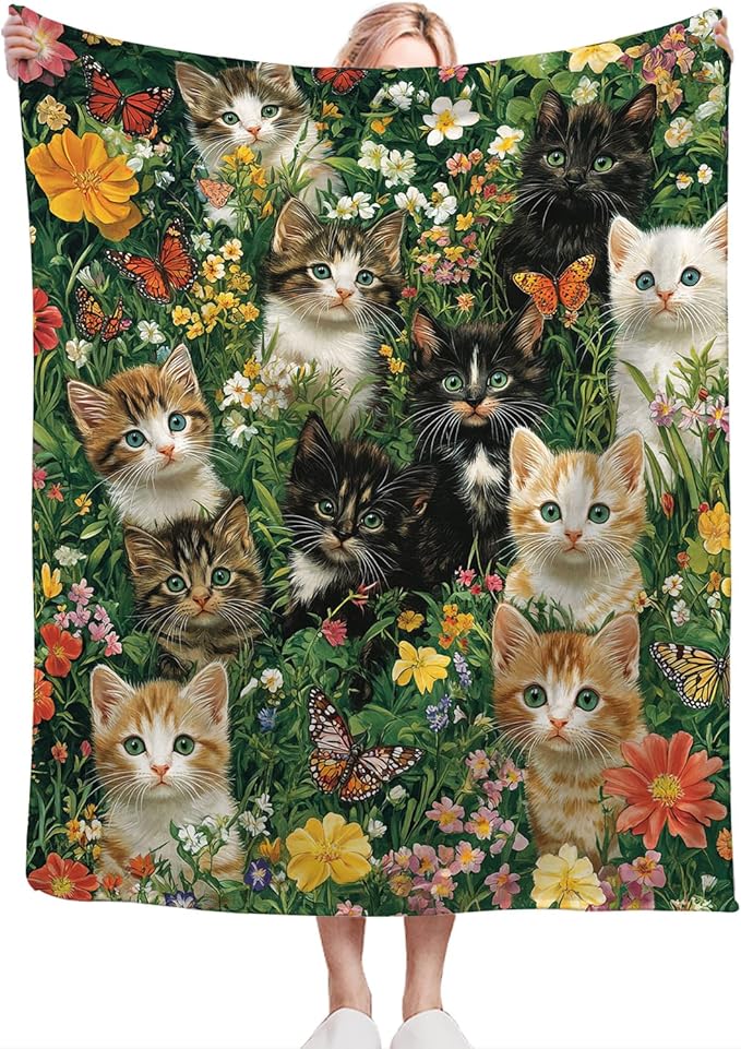 Cat Throw Blanket Ultra Soft Cozy Deer Flower Cats Blanket Fleece Fuzzy Plush Cat Lovers Decor Gifts for Women Girls Adults Couch Sofa 80"x60"