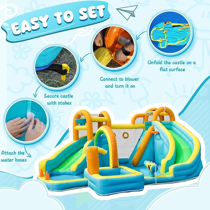 Inflatable Water Slide, Bounce House with 2 Slide for Kids, Inflatable Waterslide Park with Splash Pool, Basketball Hoop, Ball Shooting & Water Cannon for Backyard, Outdoor, Indoor