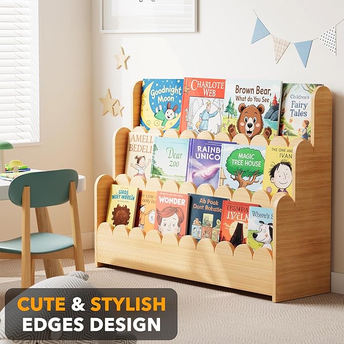 SpaceAid 3-Tier Scalloped Bookshelf, Montessori Bookcase for Toddlers, Wooden Book Shelf Organizer Display Furniture for Kids Rooms, Playroom, Nursery and Classroom, 36.7“ Wide, Natural