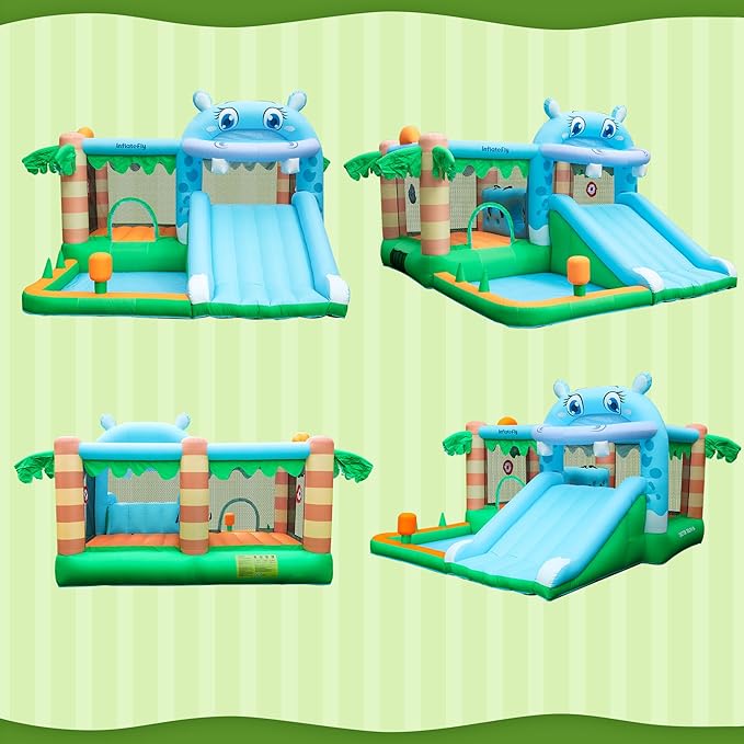 Inflatable Bounce House for Kids, Playhouse Castle with Blower Slides Ball Pit Pool Basketball Hoop and Toss Game for Kids Wet and Dry