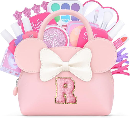 Pretend Makeup Kit for Toddlers Kids- 21Pcs Make Up Toys with Initial Toddler Purse - Birthday Gifts for 3 4 5 Years Old Girls Vanity Set Christmas Birthday Gift Pink R