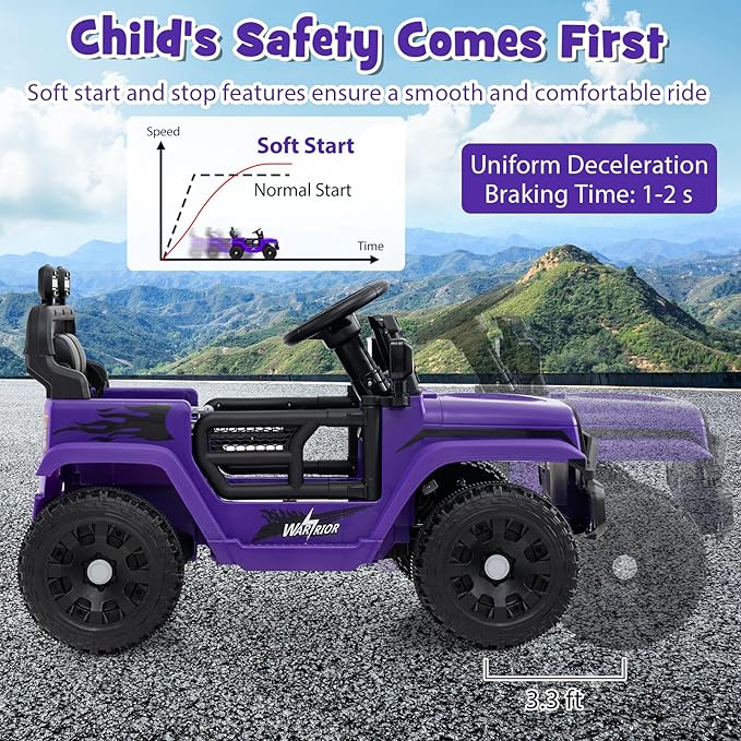 Costzon Kids Ride on Car Truck, 12V Electric Vehicle w/Foldable Mirrors, 3 Speeds, LED Lights, Music & Horn, Ride on Toys Remote Control Car for Toddlers, Boys & Girls (Purple,34" × 23" × 21")