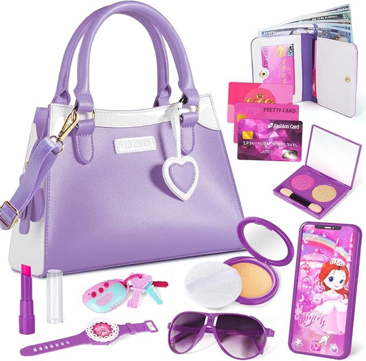 Shemira Play Purse for Little Girls, Princess Pretend Toys for Girls 3 4 5 6 7 8 Years Old, Christmas & Birthday Gift , Toddler Purse with Accessories, Kids Toy Purse, Purple