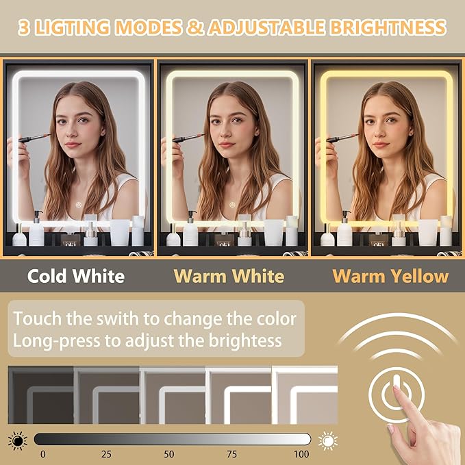 Vanity Desk with Mirror and Lights, Pink Makeup Vanity Table with 3 Modes & Adjustable Brightness, Glass Cabinets, Drawers, Outlet, Modern Dressing Table for Bedroom, Girls, Women, Teens