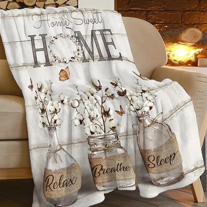 Farmhouse Floral Blanket for Women Girls Ultra Soft Cozy Cotton Flower Throw Blanket Fleece Fuzzy Plush Bedding Blanket Flower Gifts for Women Girls Kids Adults Couch Sofa 50"x40"