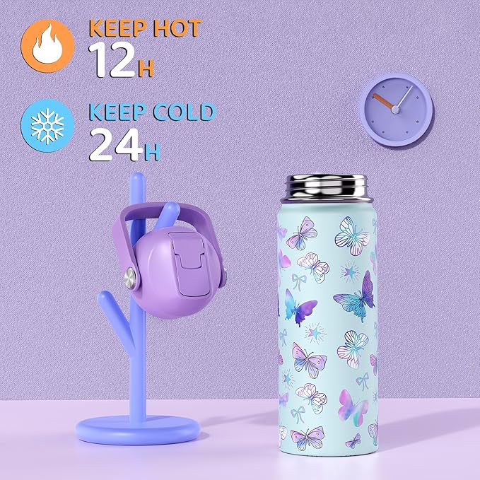18oz Kids Insulated Water Bottle with Straw Lid - 18/8 Stainless Steel Kid Cup Travel Tumbler Double Wall Vacuum Leak Proof Portable Toddler Water Bottle (Butterfly+Mermaid）