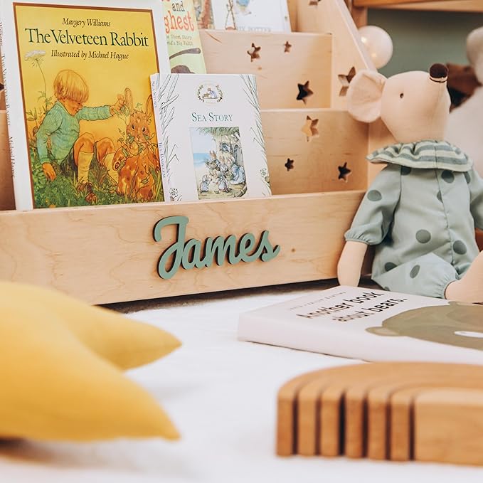 Personalized Montessori Bookshelf for Toddlers, Handmade Wooden Kids Book Organizer, Nursery and Playroom Storage, Custom Name Gift for Baby Shower or Birthday
