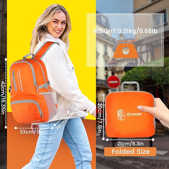 ZOMAKE Lightweight Packable Backpack, 35L Light Foldable Hiking Backpacks Water Resistant Collapsible Daypack for Travel(Orange)