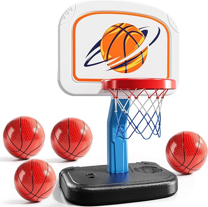 Swimming Pool Basketball Hoop, Adjustable Height Toddler Basketball Hoop, Includes 4 Balls and Pump, Poolside Water Basketball Indoor & Outdoor Toy for Boys Girls Kids Age 3-8