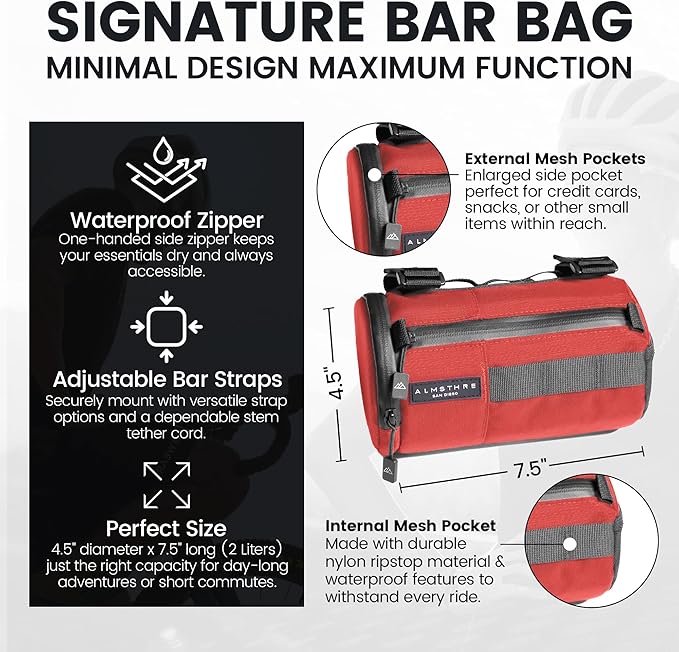 Signature Bar Bag – Rust Red | Hard-Shell Bike Handlebar Bag with Waterproof Zippers & Adjustable Straps | Lightweight Bicycle Handlebar Bag, Compatible with Road, Gravel & MTB Bikes