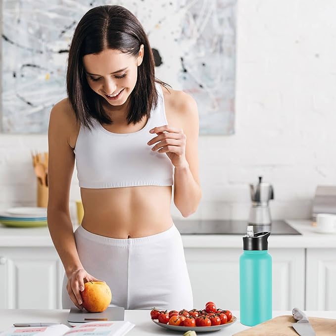 VEGOND 32 oz Insulated Water Bottle Stainless Steel Metal Water Bottles with Leak Proof Straw Lid & Spout Lid, Wide Mouth Double Walled Vacuum Travel Sports Bottle, Mint Green