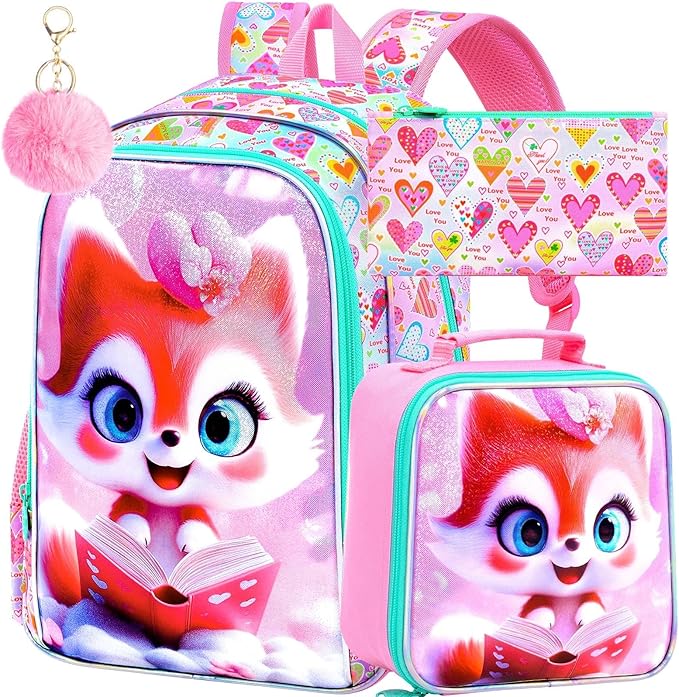 CCJPX 16" Fox Backpack for Girls, 3Pcs Kids Bookbag with Lunch Box, Water Resistant Elementary School Bag for Kindergarten Preschool Toddler (Pink)