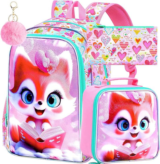 CCJPX 16" Fox Backpack for Girls, 3Pcs Kids Bookbag with Lunch Box, Water Resistant Elementary School Bag for Kindergarten Preschool Toddler (Pink)