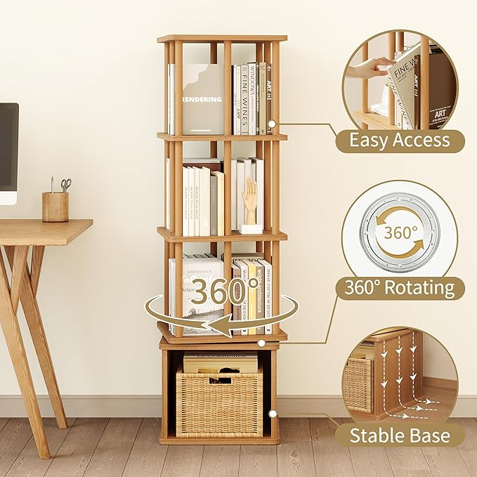 IOTXY 4-Tier Rotating Bookshelf Tower - Beech Wood Frame Spinning Bookcase with Storage Base, Tall Freestanding Revolving Shelf Organizer, Oak