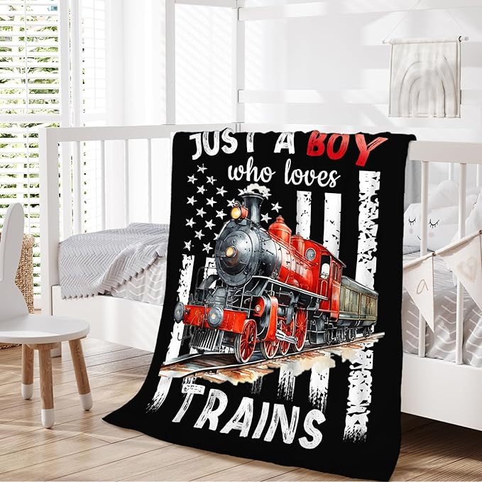 Train Blanket for Boys - Cute Throw Blanket Gifts for Kids Cars Lovers - 50x60 Inches Black Soft Fuzzy Car Blankets for Couch Travel - Trains Stuff Bedroom Decor