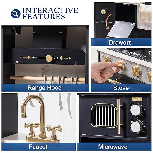 ROBOTIME Wooden Play Kitchen for Kids, Toddler Kitchen Playset with Ice Maker and Coffee Machine, Realistic Kids Play Kitchen Toy Gift for Girls & Boys Ages 3+ Black