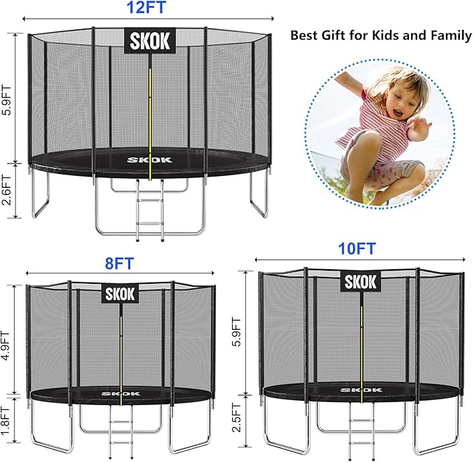 SKOK Trampoline 8FT 10FT 12FT 14FT 15FT Trampolines with Enclosure Net, 400LBS Outdoor Trampolines for Kids with Basketball Hoop-ASTM Approved Trampoline for Children and Adults with Ladder