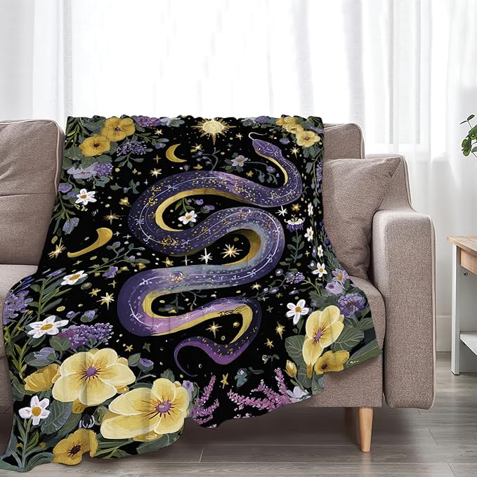 Purple Snake Blanket Fantasy Floral Reptiles Throw Blankets Gifts for Girls Boys Kids Snake Lover Soft Cozy Fleece Plush for Couch Sofa Bed 60"x50"