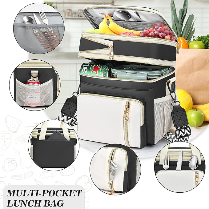 LOKASS Lunch Bag& Lunch Box for Men Women Double Deck,Large Insulated Adult Lunch Box Leakproof Lunchbox Cooler Bag for Work Picnic Beach,（Black&White）