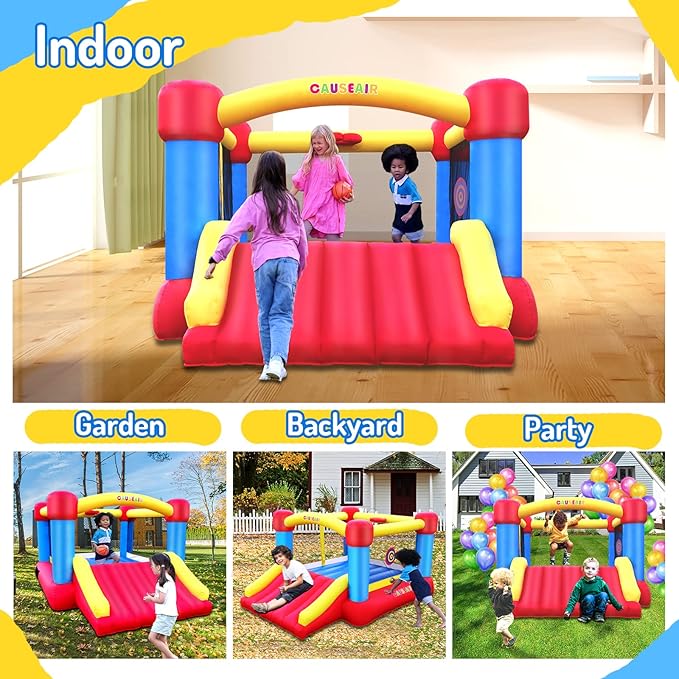 Inflatable Bounce House with GFCI Blower,12 ft L x 9 ft W,Basketball Hoop,Dart Ball Game,Durable PVC Coated Bounce Area,Jumping Bouncy Castle with Slide