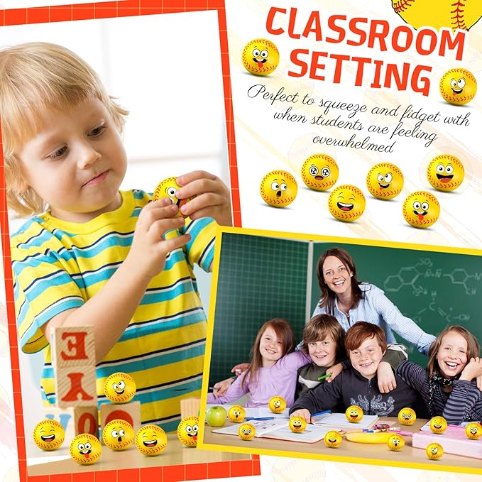 24 Pcs Mini Face Stress Balls for Boys Girls Fidget Toys Bulk Foam Balls for Stress and Anxiety Relief Balls for Party Favors Birthday Gift Decoration(Softball)